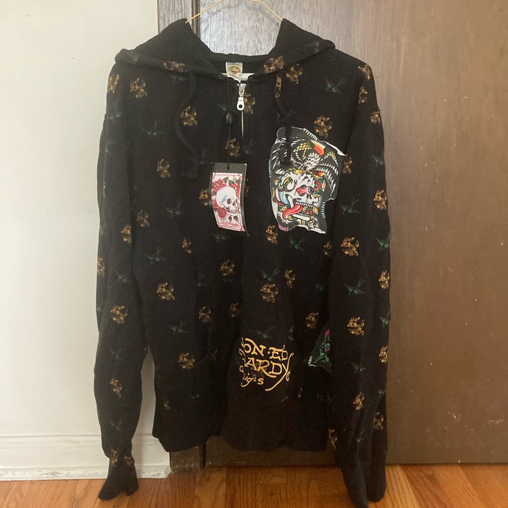 Ed Hardy Originals Zip Up Snake and Skull Patch Black Hoodie Size L NWT 🔥💎